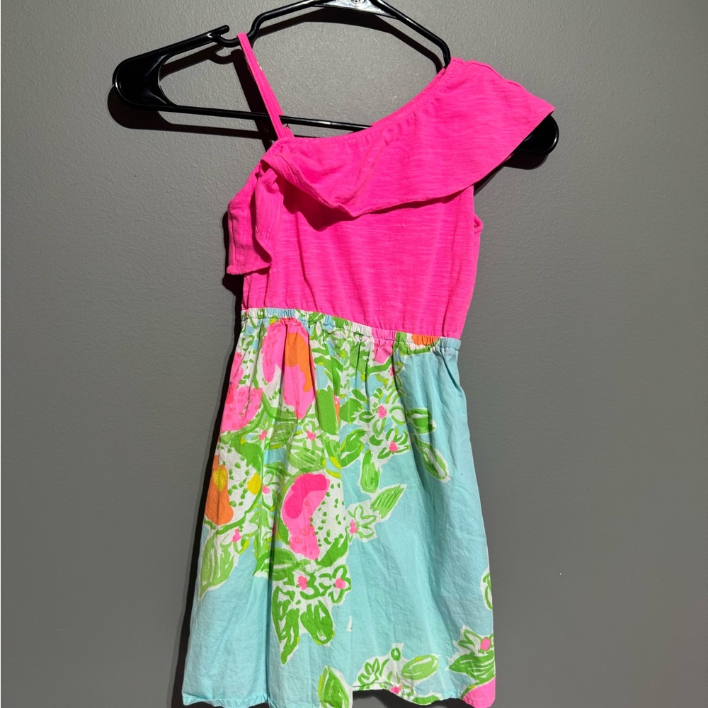 Lilly Pulitzer Flamingo off shoulder  Pink and Green Floral Kids Dress